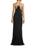 Sleeveless Sheer-Trim Peplum Gown, Black