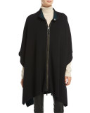Long Leather-Trim Stretch-Wool Poncho
