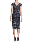 Cap-Sleeve Embroidered Sheath Dress, Blue/Multicolor