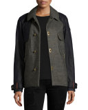 Short Two-Tone Wool Trench Coat, Olive Green/Heather Black