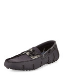 Rubber Penny Loafer with Faux-Croc Trim, Black