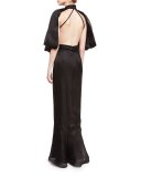 Flounce-Sleeve Open-Back Silk Gown, Black