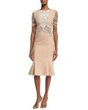 Boucle Flounce-Hem Dress with Beaded Lace, Blush