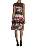 Sleeveless Floral Jacquard A-Line Cocktail Dress, Black/Multicolor