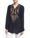 Serendipity Embroidered-Bib Blouse, Navy Shadow