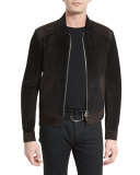 Two-Tone Aged Suede Bomber Jacket, Black