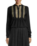 Crochet-Lace Bib Long-Sleeve Blouse
