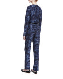 Davidson Long-Sleeve Floral Silk Blouse, Royal/Black