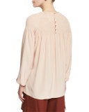 Long-Sleeve Smocked Silk Top, Apricot
