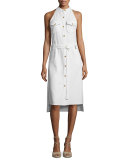 Sleeveless Studded Metallic Silk Shirtdress, Cream