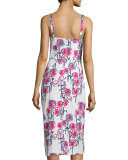 Sleeveless Gardenia-Print Midi Dress, White/Hibiscus