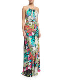 Halter-Neck Arcade-Print Gown, Turquoise/White