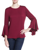3/4-Bell Sleeve Stretch-Silk Top, Bordeaux