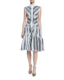 Sleeveless Striped Flounce Shirtdress, Black/White