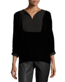 Nadya 3/4-Sleeve Yoked Velvet Blouse, Black