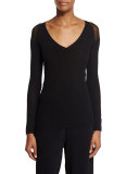 Long-Sleeve Sheer-Shoulder Tee, Black 