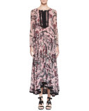 Cactus-Print Silk Maxi Dress, Pink/Burgundy