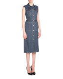 Sleeveless Snap-Front Denim Midi Dress, Natural Blue Vintage