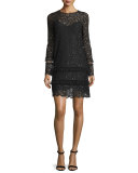 Lace Long-Sleeve Shift Dress, Black