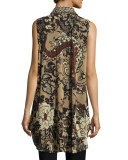Sleeveless Button-Front Tulle Tunic, Black Pattern