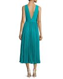 Ryn Pleated Chiffon V-Neck Midi Dress, Turquoise