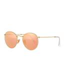 Mirrored Round Metal Sunglasses, Gold/Pink