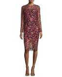 Long-Sleeve Embroidered Sheath Dress, Pink/Multi
