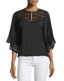 Flutter-Sleeve Crochet-Inset Top, Black