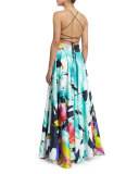 Sleeveless V-Neck Floral-Print Gown, Multi Colors