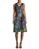Sleeveless Ribbed Floral Dress, Black