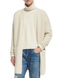 Honeycomb-Knit Long Cardigan, Winter White