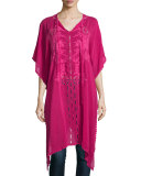 Yoko Half-Sleeve Embroidered Drama Caftan, Pomegranate