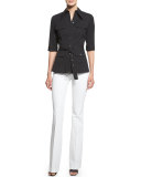 Elbow-Sleeve Belted Utility Shirt, Black