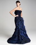 Strapless Ombre Ruffled Gown, Navy