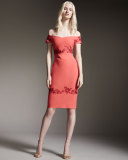Tasha Off-the-Shoulder Floral-Embroidered Sheath Dress
