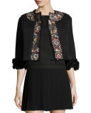 Embroidered Shearling Fur Cropped Jacket, Black