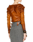 Shirred Long-Sleeve Degrade Leather Top, Cognac