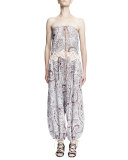 Strapless Paisley-Print Harem-Pant Jumpsuit, Lilac/Brown
