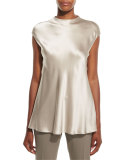 Gene Satin Cap-Sleeve Blouse, Taupe
