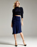 Long-Sleeve Bias Drape Cropped Top, Navy