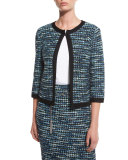 Martinique 3/4-Sleeve Tweed Jacket, Caviar/Laguna/Multi