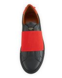 Contrast-Banded Leather Slip-On Sneaker, Black/Red