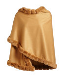 Asymmetric Cashmere Wrap w/ Rabbit Fur, Camel