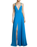 Monroe Strappy Stretch Silk Gown, Blue/Multicolor