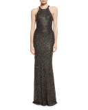 Sleeveless Beaded Metallic Column Gown, Smoke