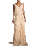 Catherine Sleeveless Silk Ruffle Gown, Eggshell