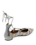 Christy Sequined Lace-Up Pointed-Toe Flat, Beige