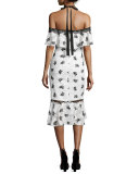 Cold-Shoulder Printed Burnout Midi Dress, Ivory