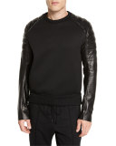 Quilted Leather-Trim Sweater, Black