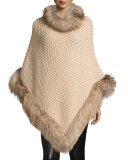 Seed-Stitched Cashmere Fox-Trim Poncho, Oatmeal